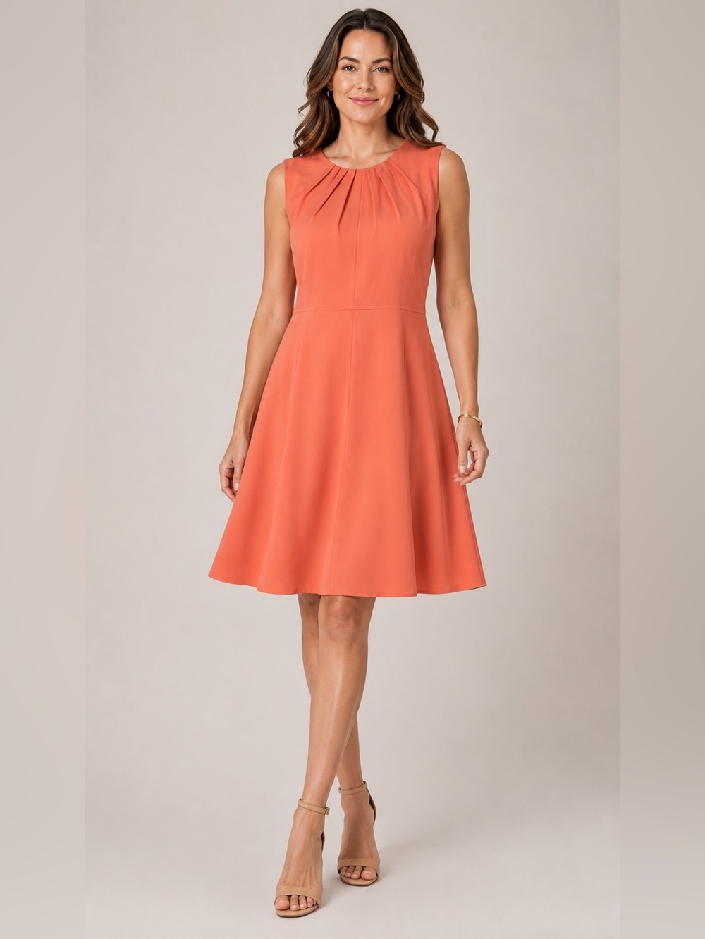 Donna Karan Coral Pleated-Neck Midi Dress